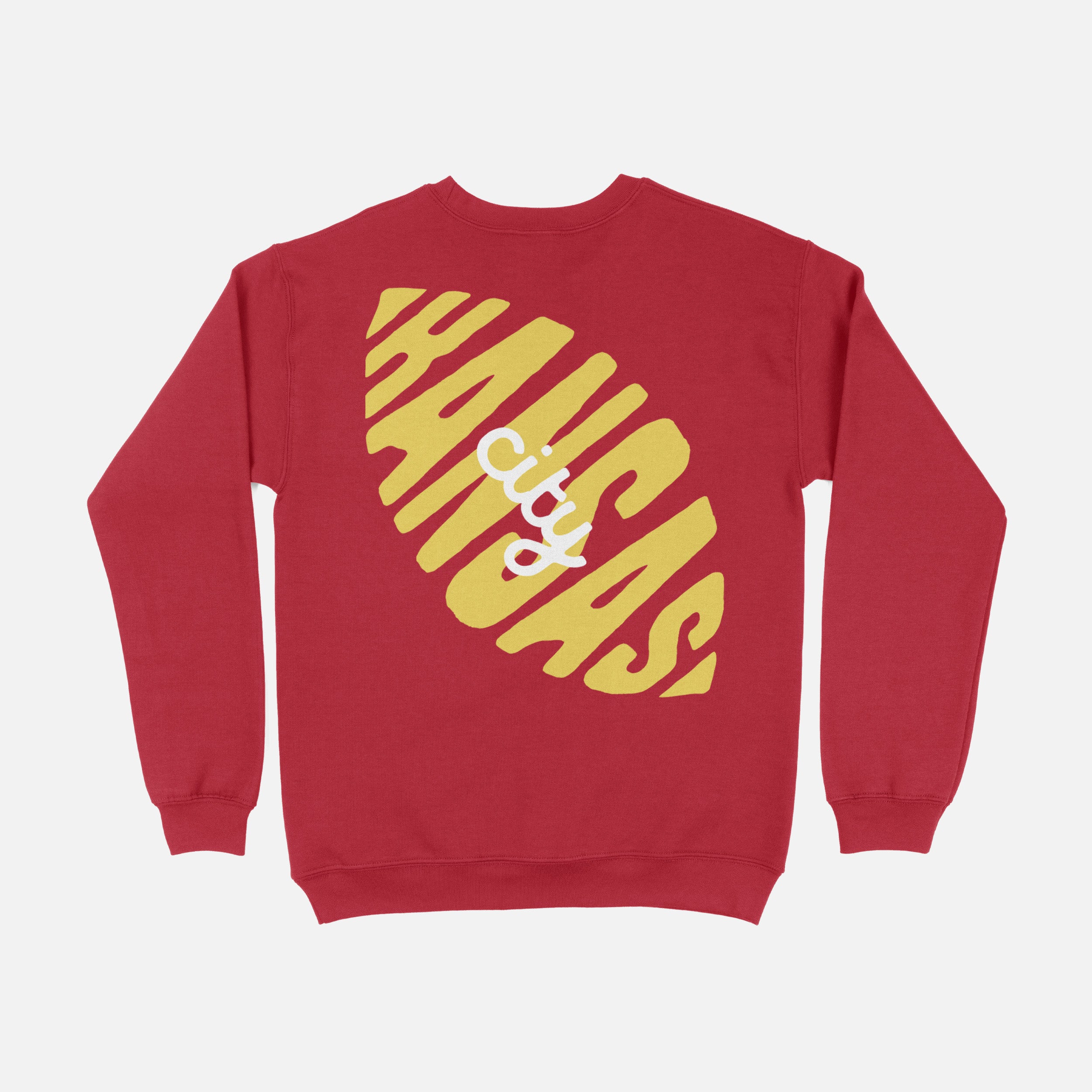 Red Kansas City Chiefs sweatshirt with yellow logo on a unisex crewneck sweater for KC football fans