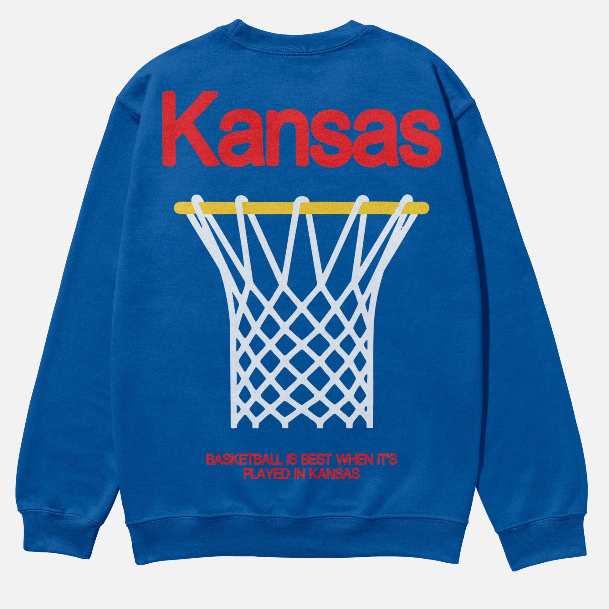 Retro heavyweight royal blue Kansas Jayhawks college basketball streetwear crewneck sweatshirt for men and women for sale at Throwbacks