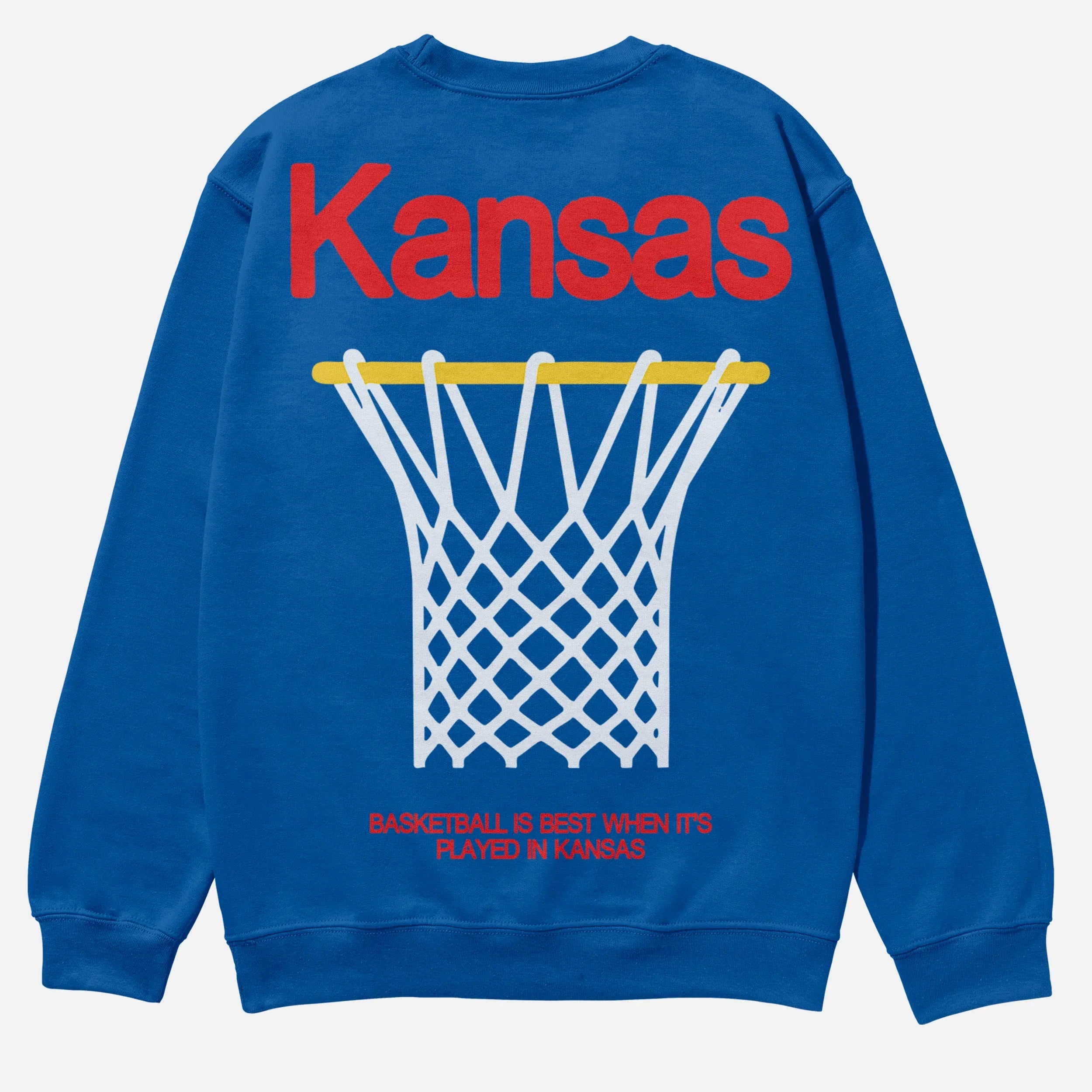 Retro heavyweight royal blue Kansas Jayhawks college basketball streetwear crewneck sweatshirt for men and women for sale at Throwbacks