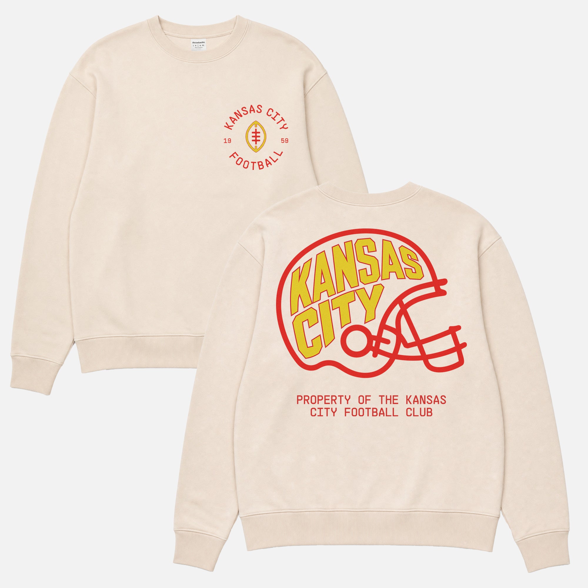 Cute vintage Kansas City Chiefs football sweatshirt with custom KC football logo a red white and yellow graphics
