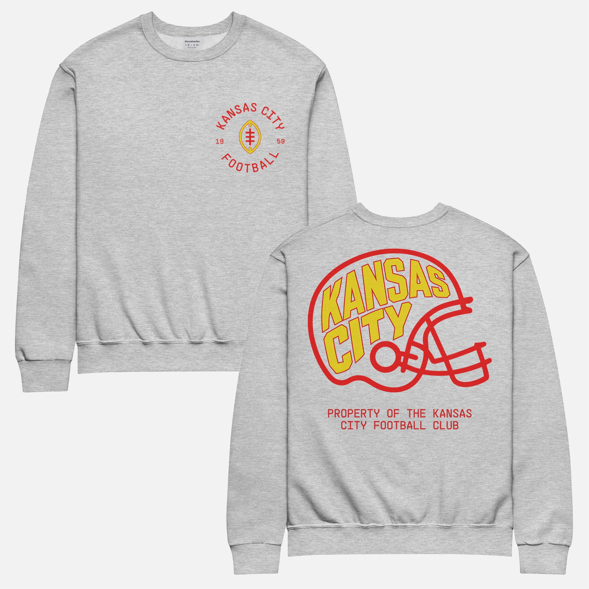 Cute vintage Kansas City Chiefs football sweatshirt with custom KC football logo a red white and yellow graphics