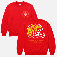 Cute vintage Kansas City Chiefs football sweatshirt with custom KC football logo a red white and yellow graphics