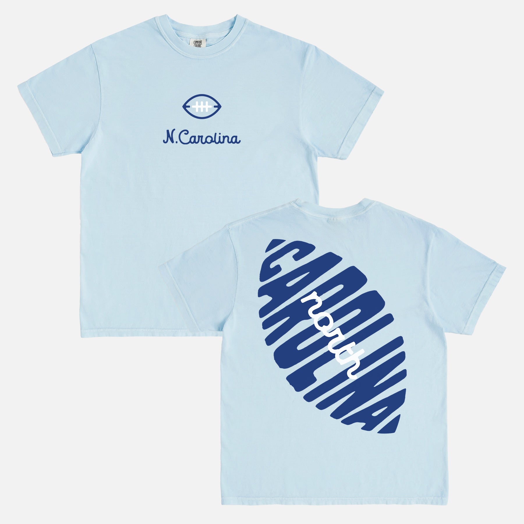 Cute retro north carolina tar heels college football shirt with front and back print on a washed carolina blue comfort colors graphic tee for sale at Throwbacks