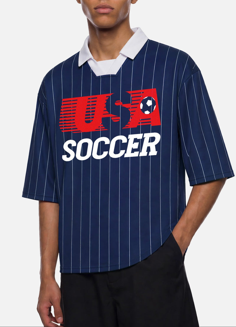 Vintage US Soccer World Cup Jersey loose fit united states soccer team kit navy with white pinstripes and a retro collar