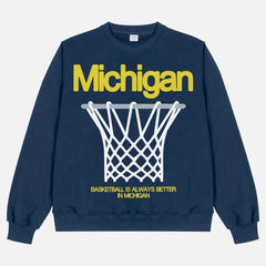 University of Michigan Wolverines  heavyweight basketball streetwear crewneck sweatshirt in navy and maize yellow