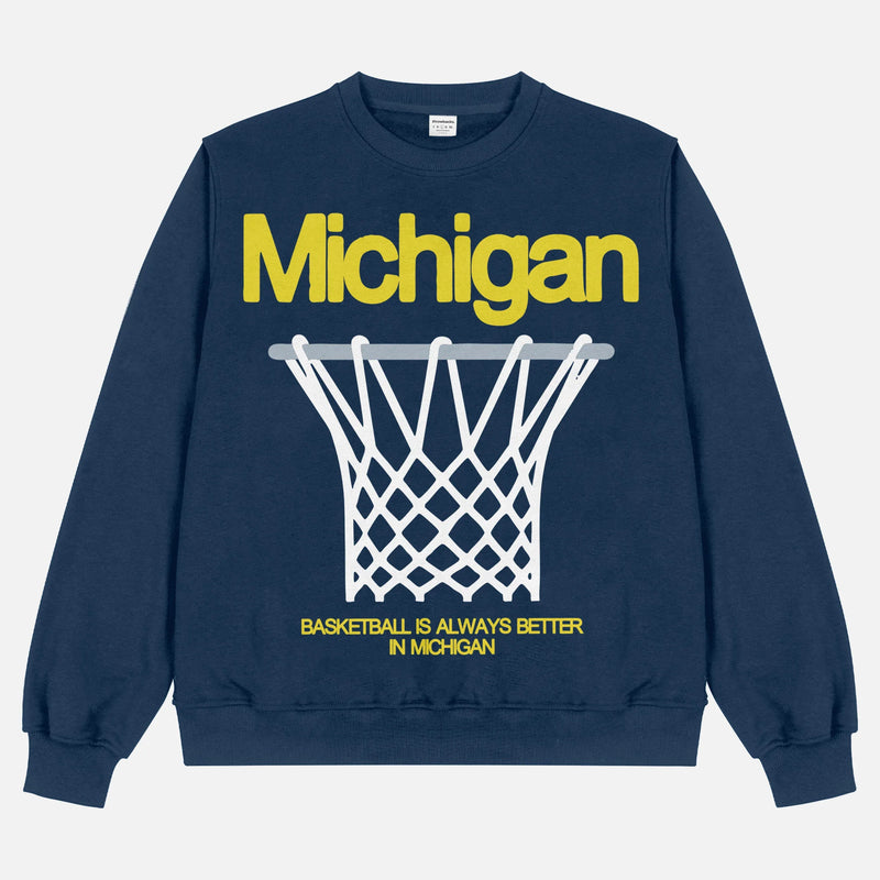 University of Michigan Wolverines  heavyweight basketball streetwear crewneck sweatshirt in navy and maize yellow