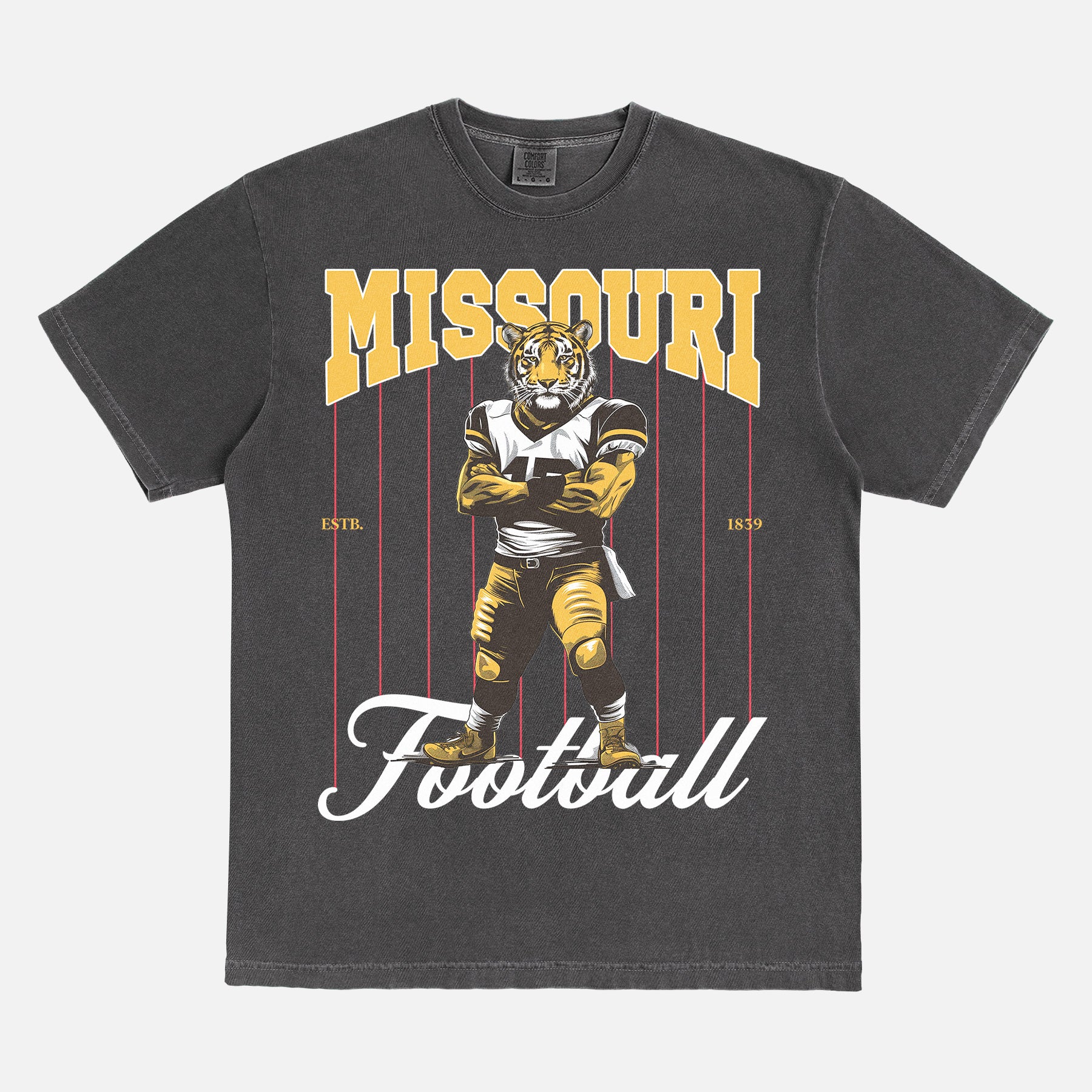 Missouri Tigers football graphic tee with a vintage tiger mascot design on a washed black comfort colors t-shirt