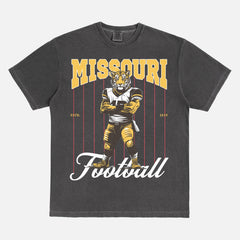 Missouri Tigers football graphic tee with a vintage tiger mascot design on a washed black comfort colors t-shirt