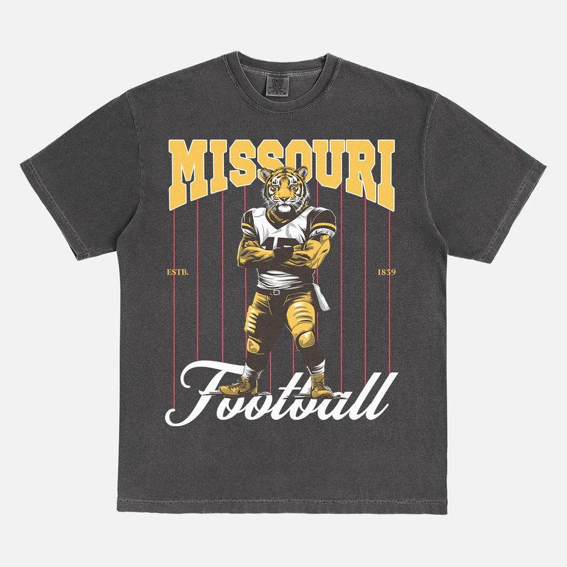 Missouri Tigers football graphic tee with a vintage tiger mascot design on a washed black comfort colors t-shirt