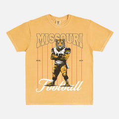 Missouri Tigers football graphic tee with a vintage tiger mascot design on a washed yellow comfort colors t-shirt
