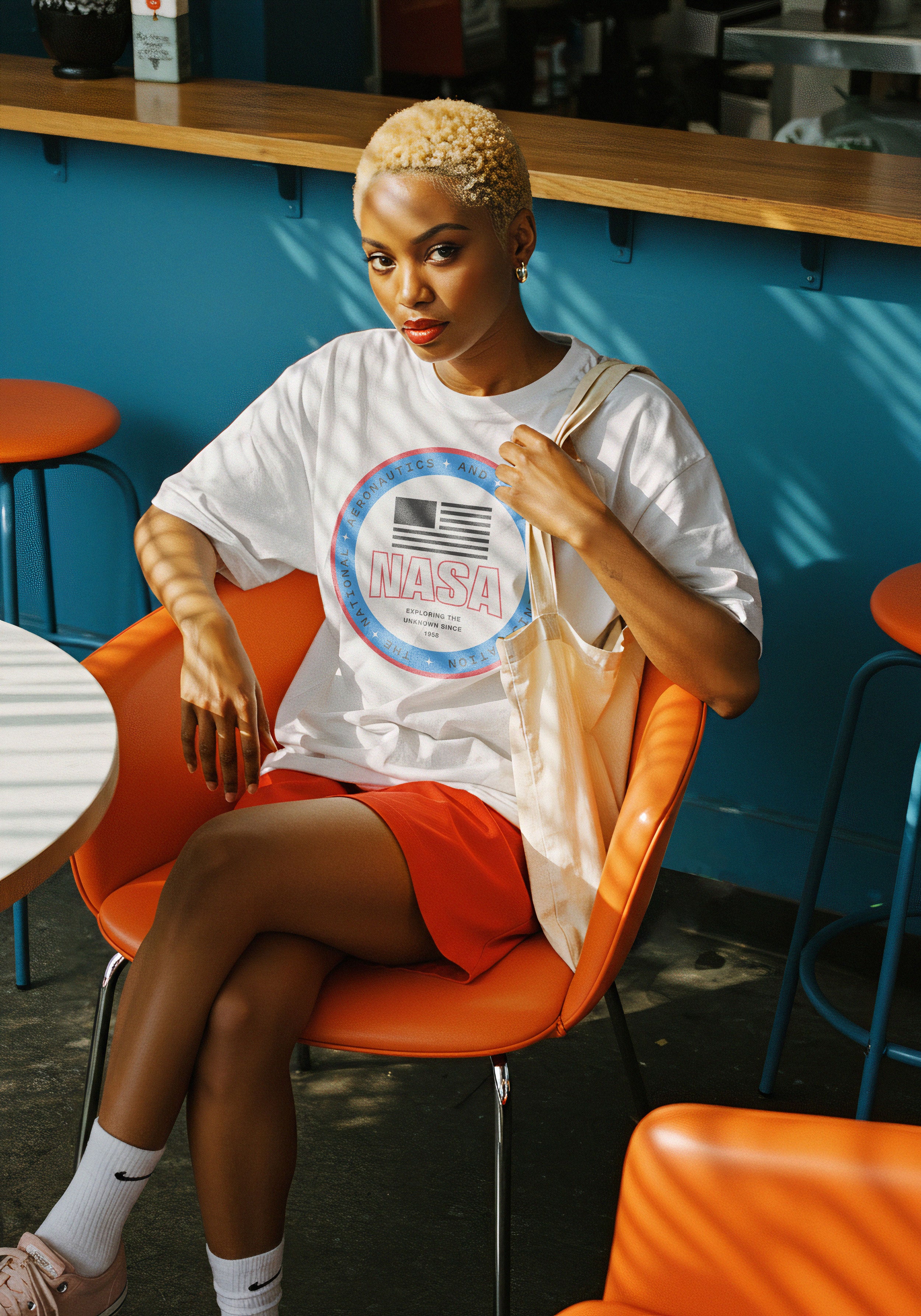 NASA streetwear graphic tee with custom logo on oversized white shirt for men and women