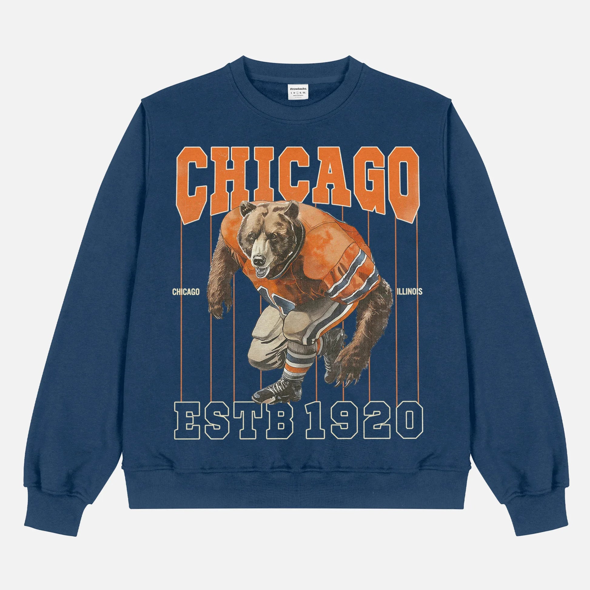 Retro oversized navy and orange Chicago Bears heavyweight football fan crewneck sweatshirt
