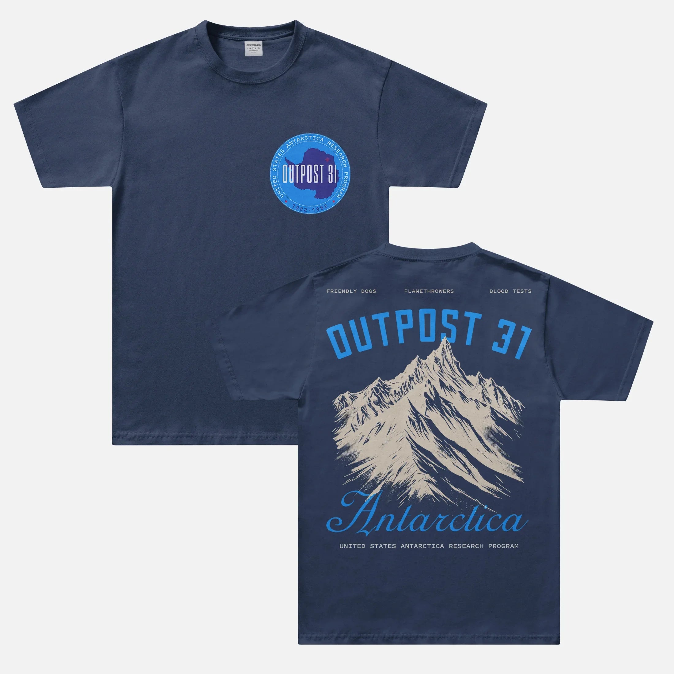 Retro Outpost 31 Antarctica Research Team t-shirt, The Thing 1982 vintage movie graphic tee in navy