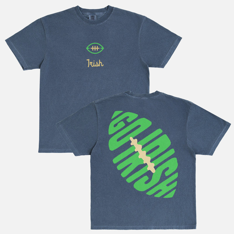 Cute retro Notre Dame college football t-shirt with vintage front and back print on unisex washed navy comfort colors graphic tee