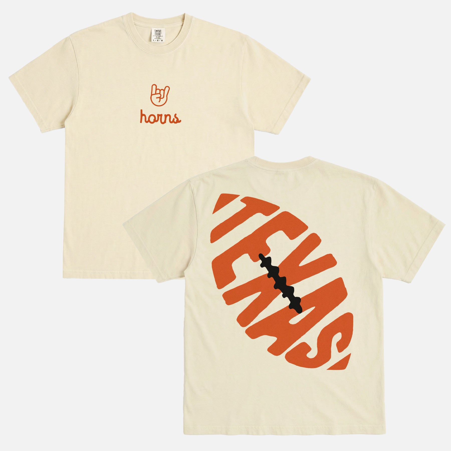retro off white Texas Longhorns graphic t-shirt with horns logo and back print on a unisex comfort colors tee