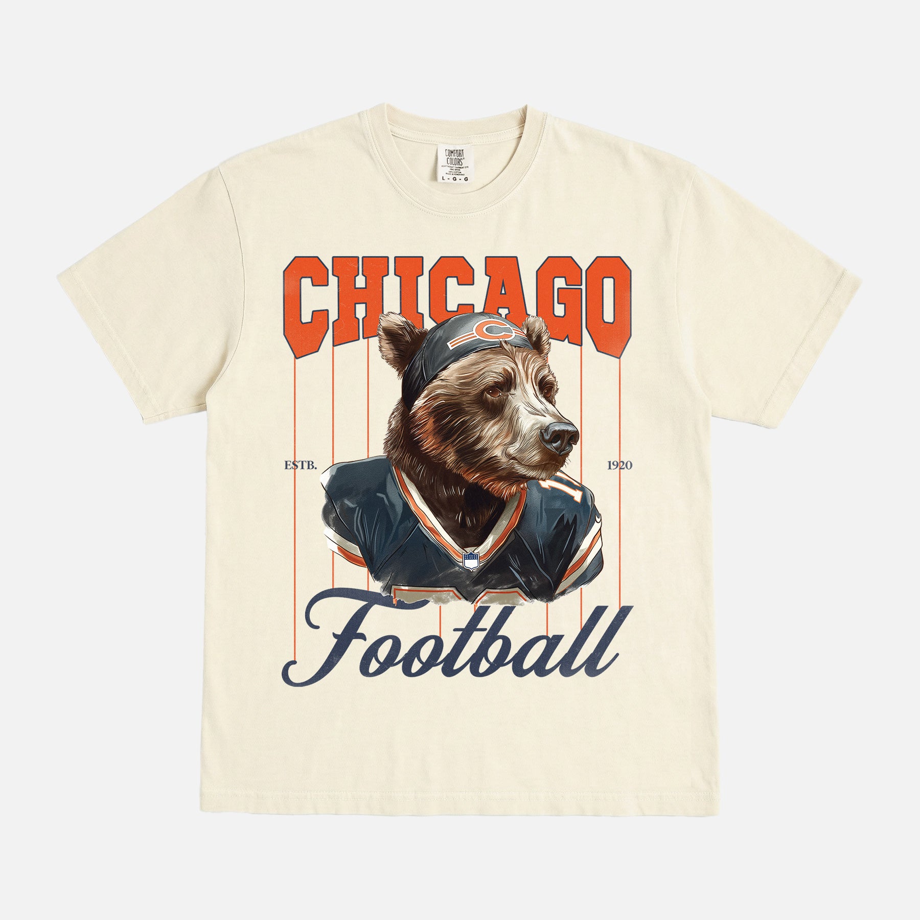 Off white Chicago Bears comfort colors graphic tee with bear mascot and pinstripes on a unisex comfort colors t-shirt