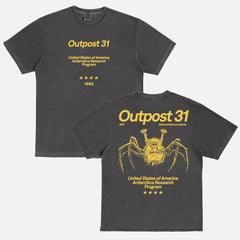 Vintage faded black Outpost 31 Antarctica Research Program t-shirt, 1982 The THing horror movie comfort colors graphic tee for sale at Throwbacks
