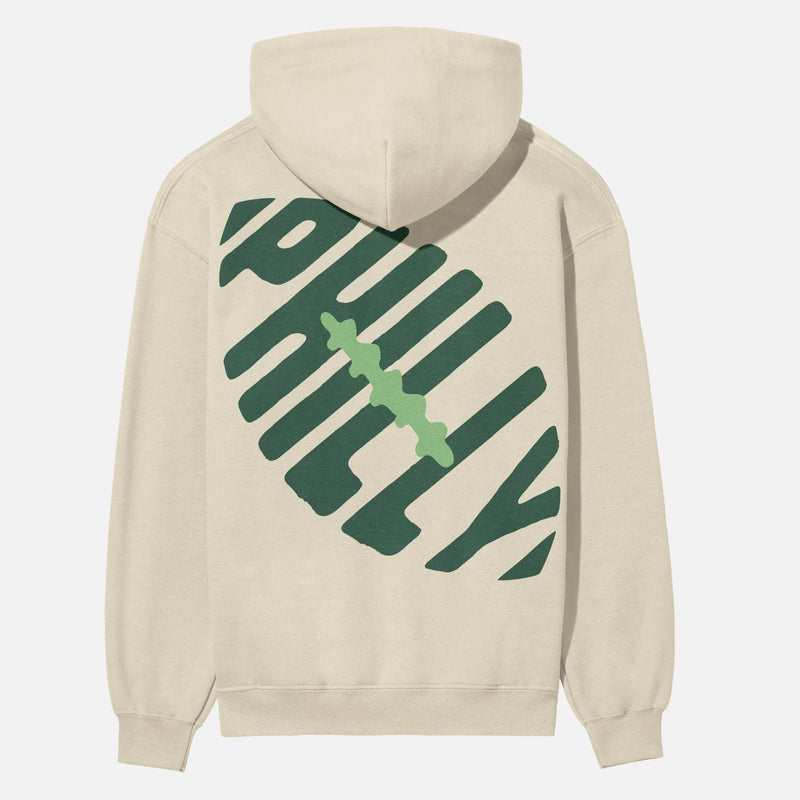 Retro beige streetwear Philadelphia Eagles hoodie, cute old school Philly sports fan sweatshirt with green go Birds Logo for men and women for sale at Throwbacks