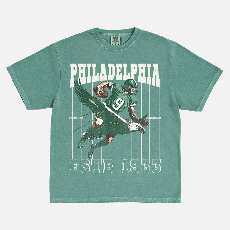 Retro Philadelphia Eagles football t-shirt with vintage philly eagle mascot on an washed green comfort colors graphic tee