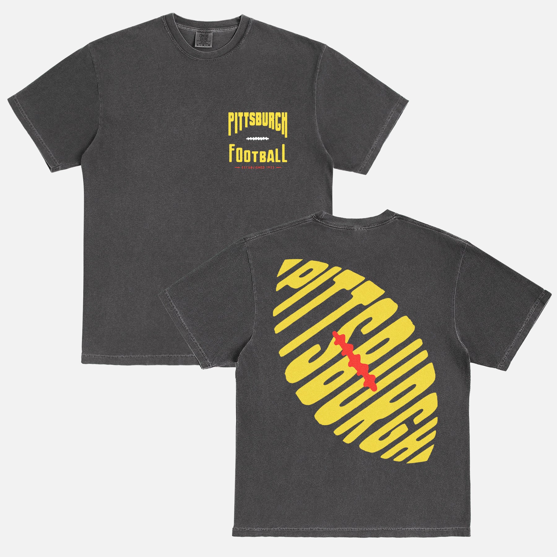 pittsburgh steelers football club graphic t-shirt with front and back print, oversized faded washed black vintage football team tee for men and women for sale at Throwbacks