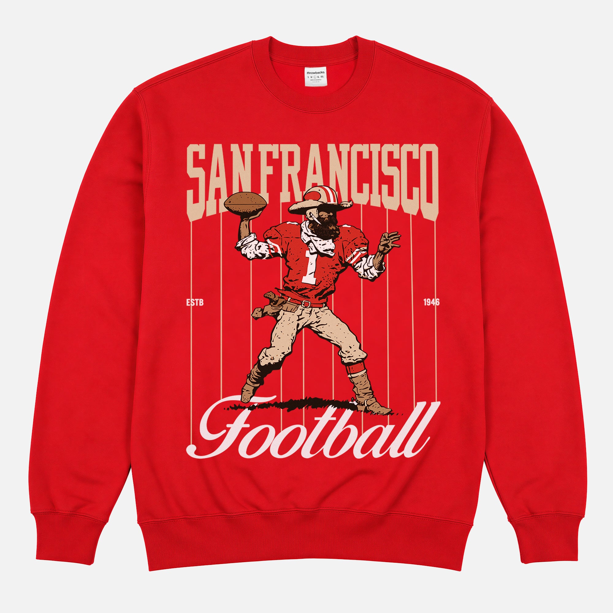 Vintage 80s San Francisco 49ers NFL football crewneck sweatshirt with retro mascot and pinstripes graphic