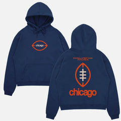 Vintage heavyweight navy Chicago Bears football hoodie with oversized full back orange and beige print 