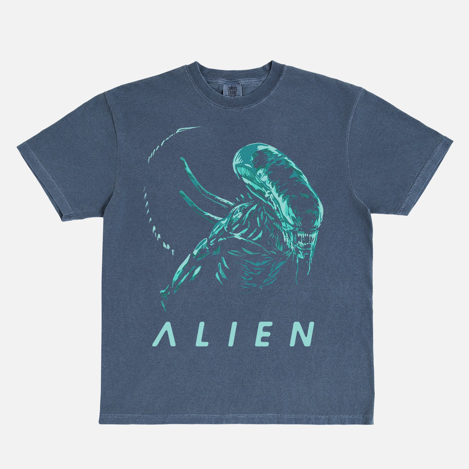 Minimal Alien 1979 movie t-shirt with retro xenomorph graphic on a unisex faded navy comfort colors shirt