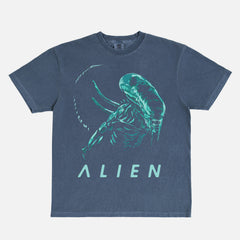 Minimal Alien 1979 movie t-shirt with retro xenomorph graphic on a unisex faded navy comfort colors shirt