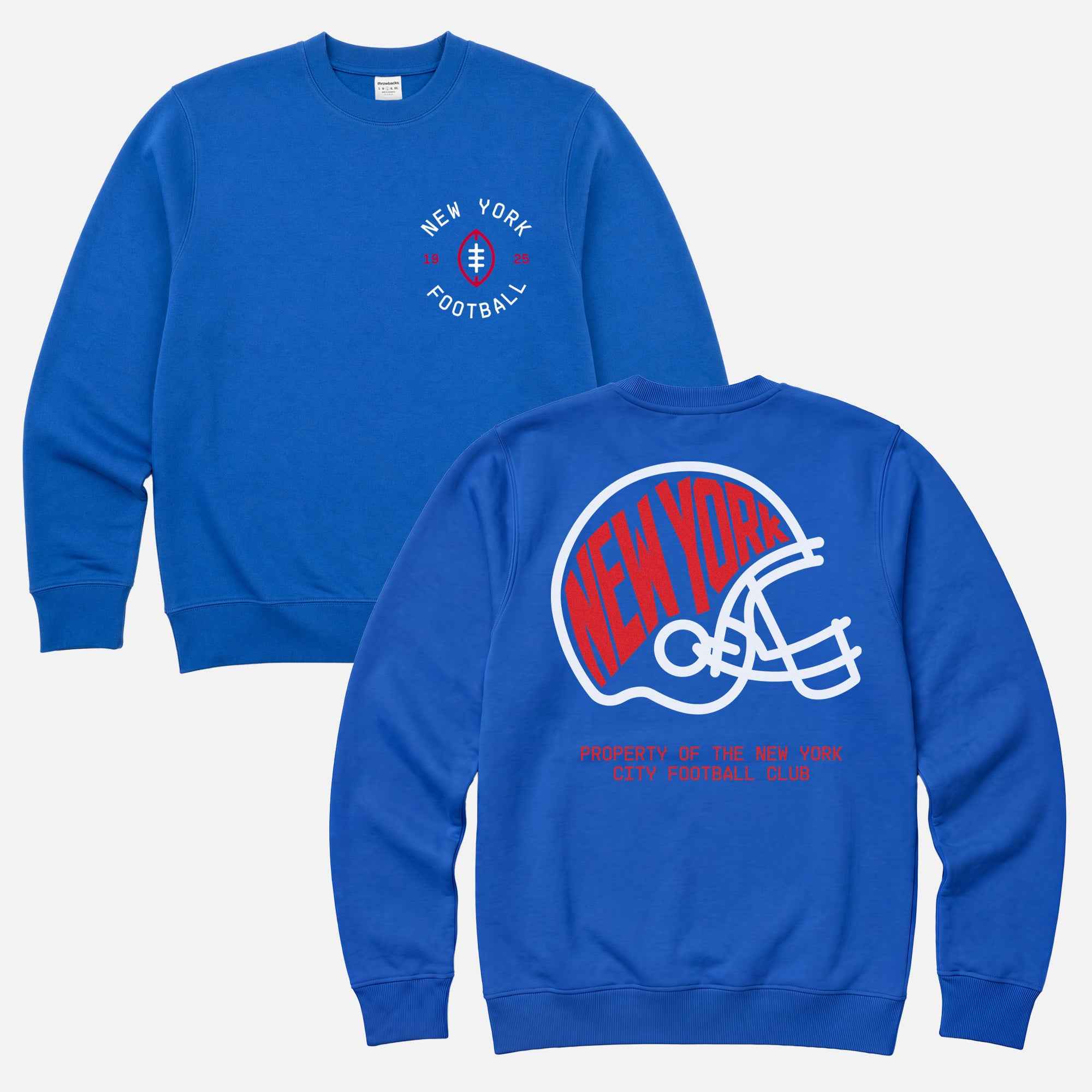 Retro old school royal blue New York Giants football crewneck sweatshirt with custom red and blue NY football team logo