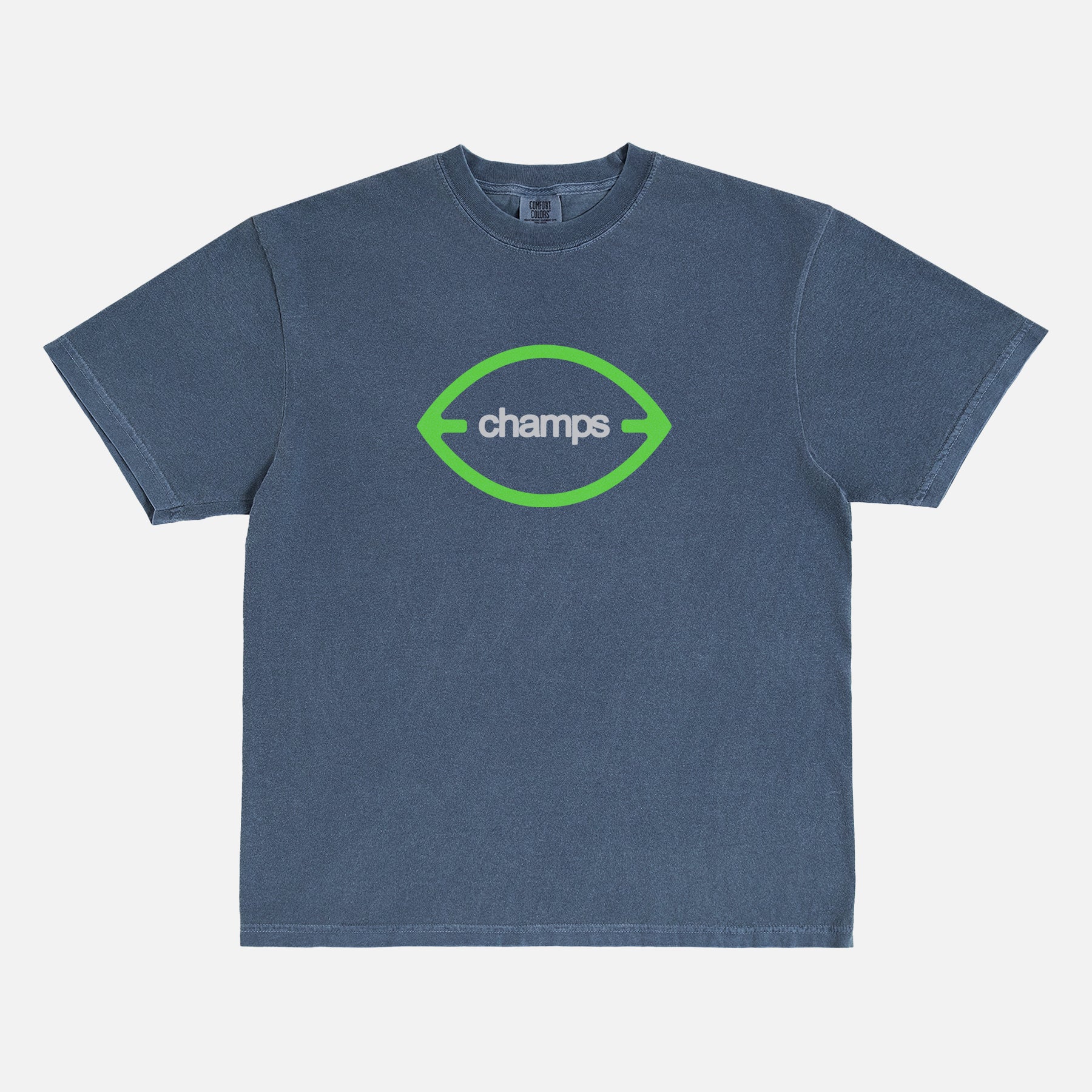 Seattle Seahawks Super Bowl Champs T‑shirt on washed navy Comfort Colors with front Champs logo and “Football is Better in Seattle” back graphic. 