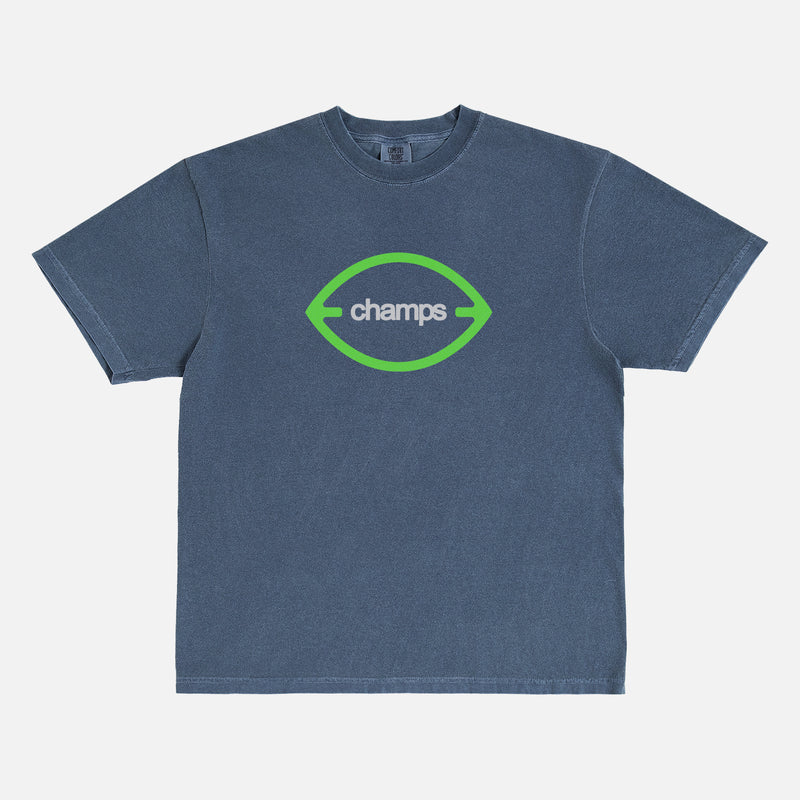 Seattle Seahawks Super Bowl Champs T‑shirt on washed navy Comfort Colors with front Champs logo and “Football is Better in Seattle” back graphic. 