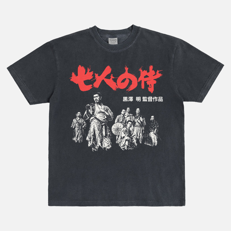 Retro Seven Samurai Movie t-shirt with japanese movie poster text and minimal black and white illustration on a washed black graphic tee for sale at Throwbacks