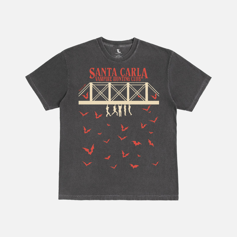 distressed black oversized the lost boys movie graphic tee with vintage illustration for sale at Throwbacks