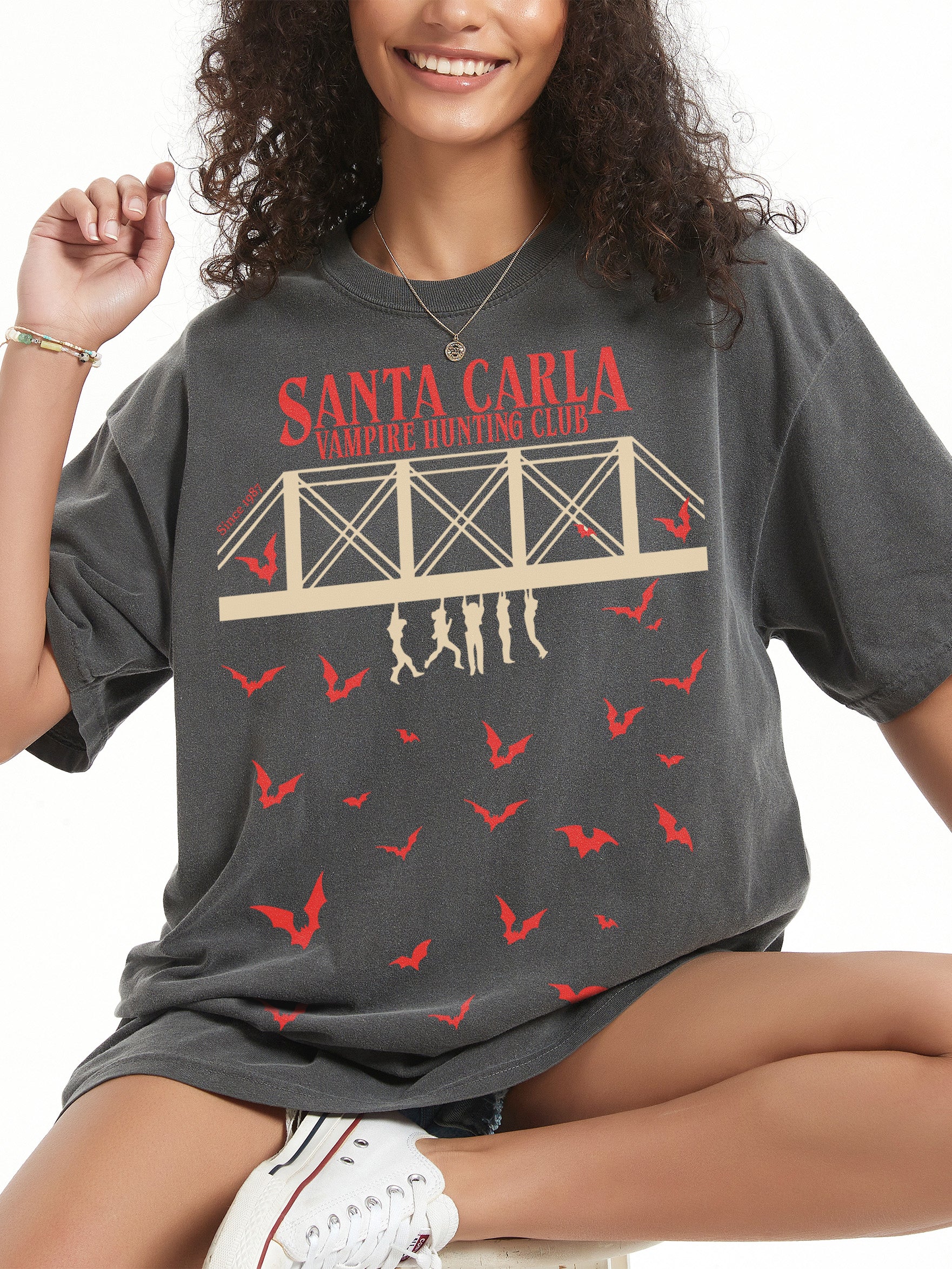 The lost boys movie t-shirt, faded black unisex Santa Carla Vampire hunters bridge graphic retro horror movie graphic tee and apparel 