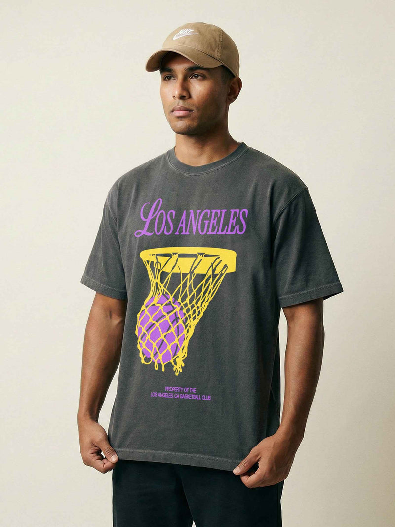Old School Los Angeles Lakers streetwear graphic t-shirt with purple and gold bball jersey text on a washed black comfort colors tee