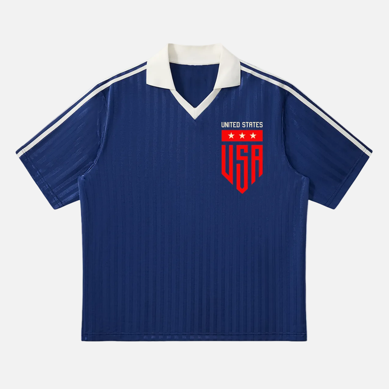 Vintage navy USA soccer team jersey with retro collar and a modern USMNT badge logo