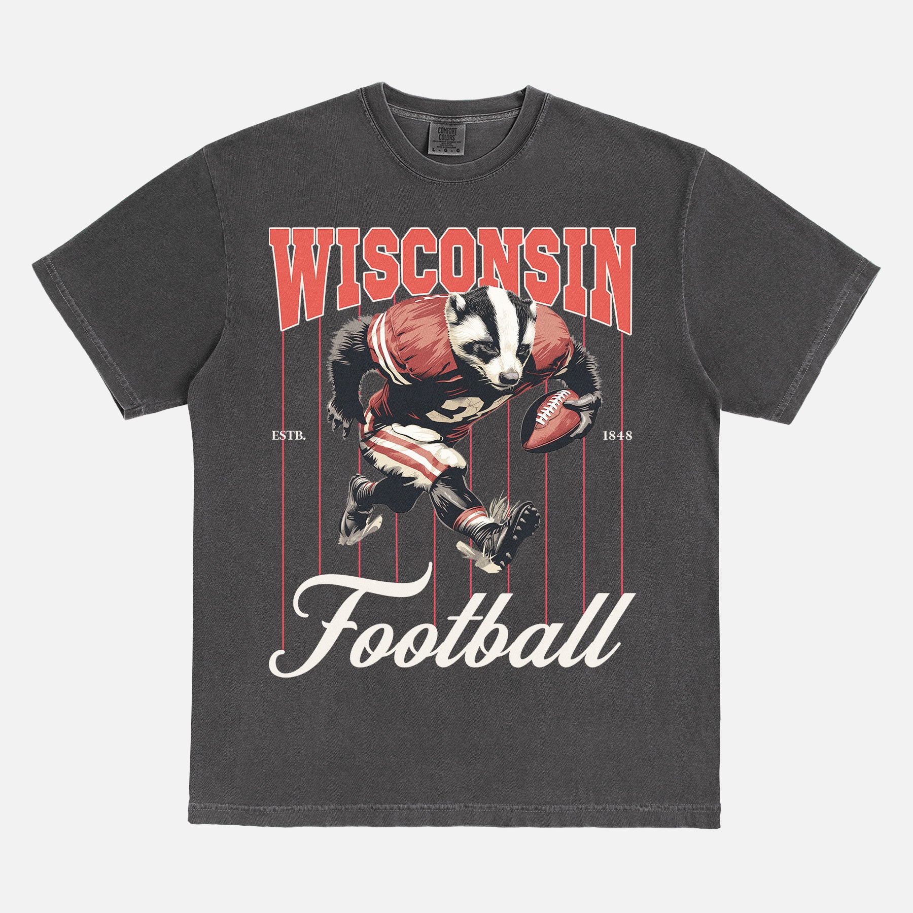 Retro Wisconsin Badgers college football t-shirt with retro badger mascot pinstripes on a faded black comfort colors graphic tee for sale at Throwbacks