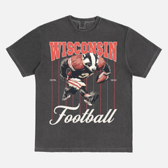 Retro Wisconsin Badgers college football t-shirt with retro badger mascot pinstripes on a faded black comfort colors graphic tee for sale at Throwbacks