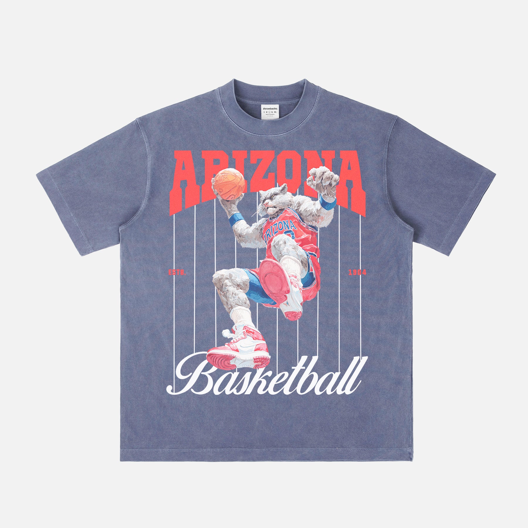Arizona Wildcats College Basketball Pinstripes T‑shirt with vintage mascot graphic on a premium heavyweight washed navy blue tee.