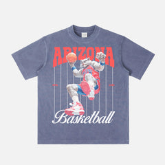 Arizona Wildcats College Basketball Pinstripes T‑shirt with vintage mascot graphic on a premium heavyweight washed navy blue tee.