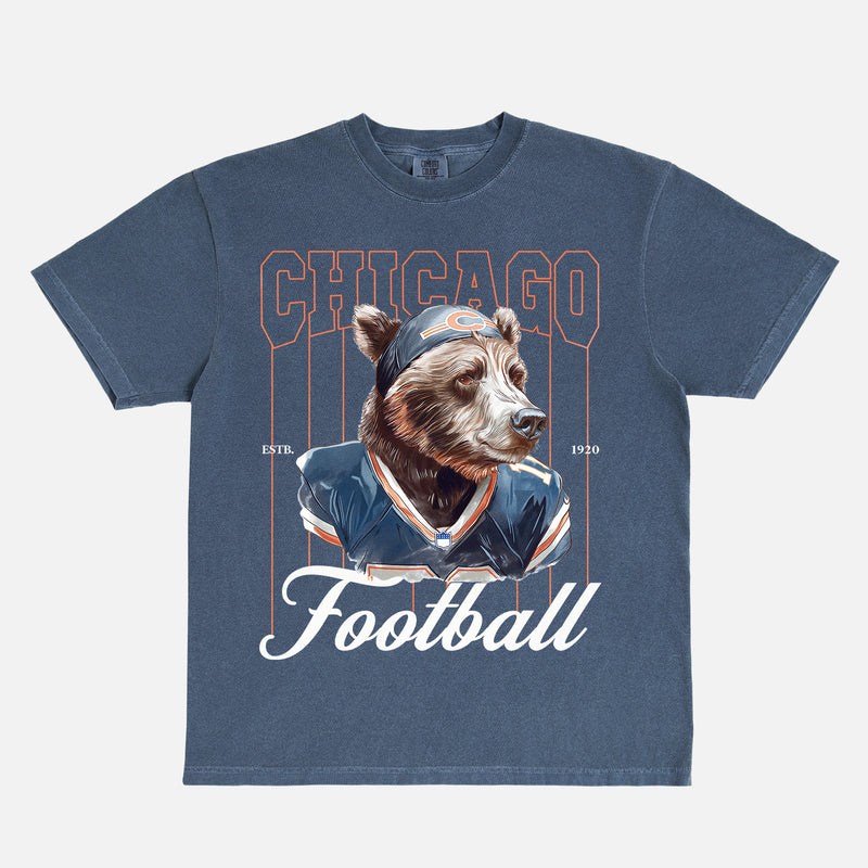 Washed Navy Chicago Bears comfort colors graphic tee with bear mascot and pinstripes on a unisex comfort colors t-shirt