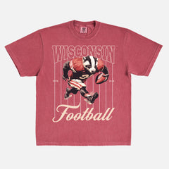 Retro Wisconsin Badgers college football t-shirt with retro badger mascot pinstripes on a washed red comfort colors graphic tee for sale at Throwbacks