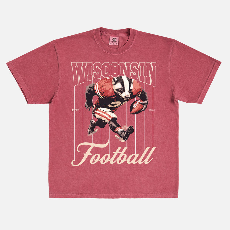Retro Wisconsin Badgers college football t-shirt with retro badger mascot pinstripes on a washed red comfort colors graphic tee for sale at Throwbacks