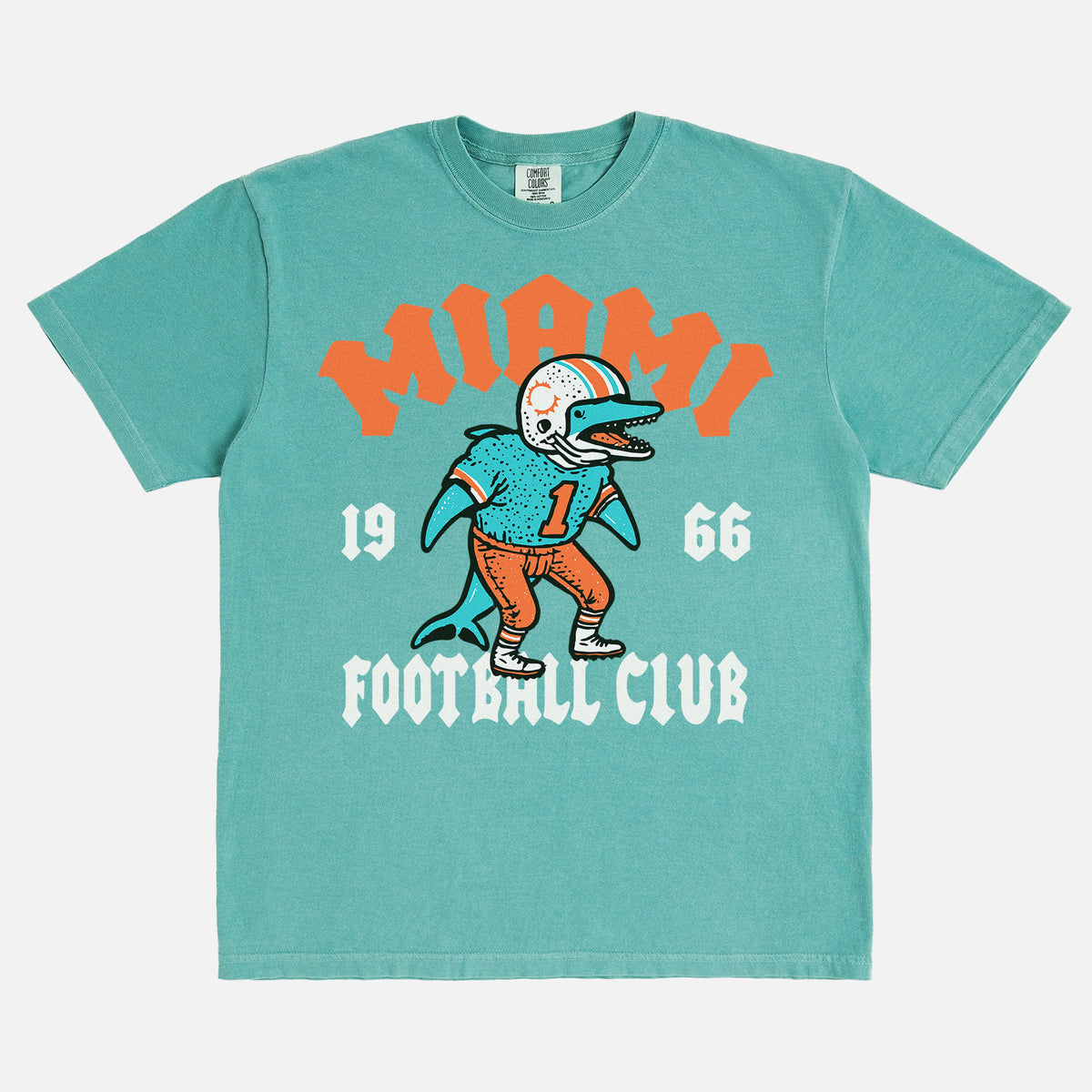 Cool retro Miami Dolphins NFL streetwear graphic t-shirt on washed teal green comfort colors shirt 