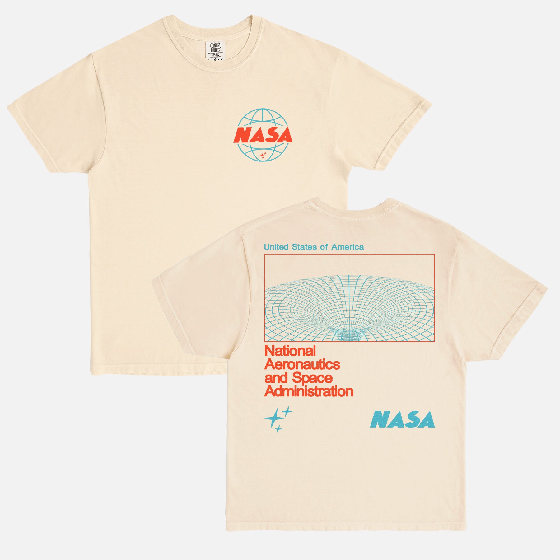 NASA logo graphic tee shirt with front and back print and oversized wormhole graphic and retro logo on a washed beige Comfort Colors t-shirt