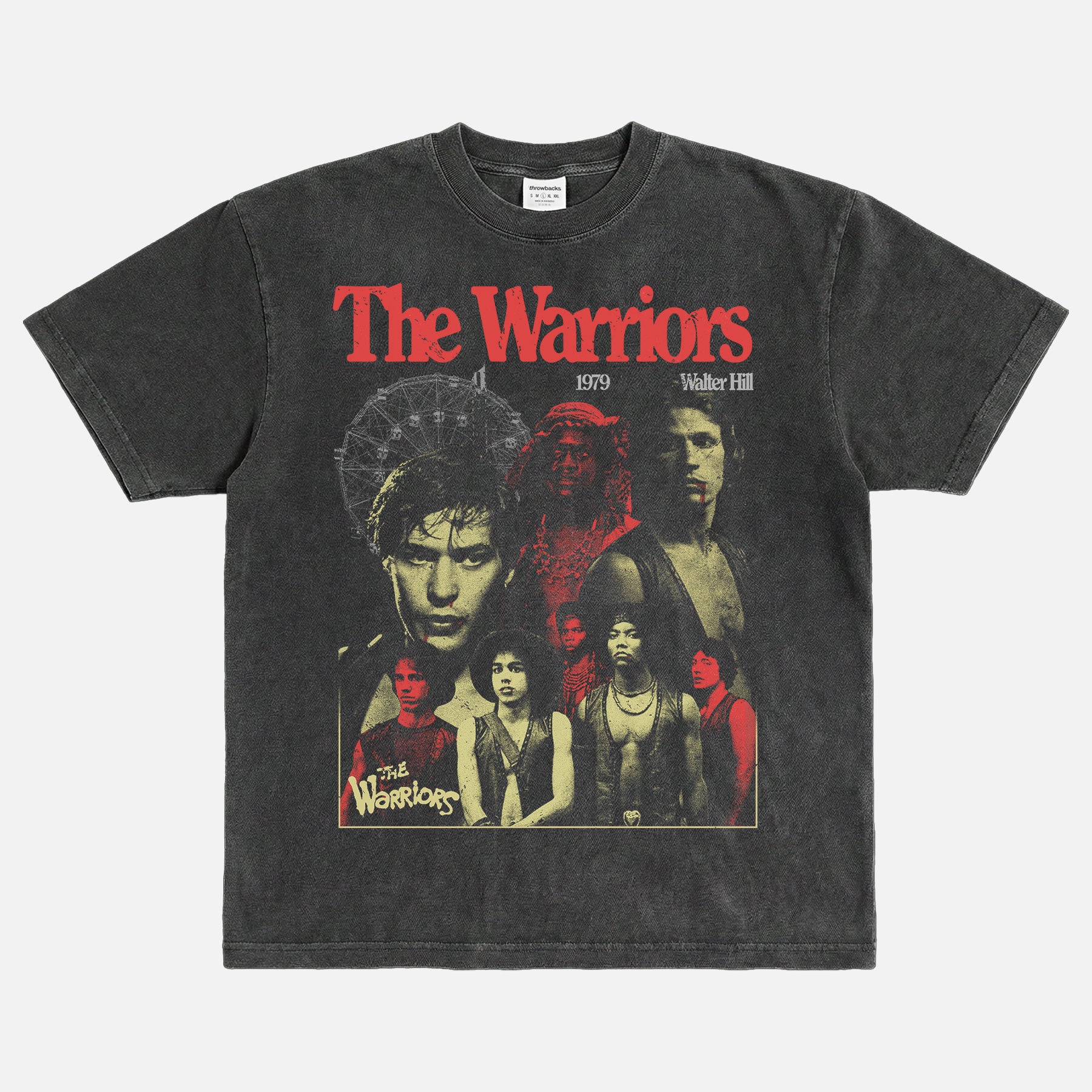 1979 The Warriors movie graphic tee shirt with grunge bootleg design on a washed black heavyweight t-shirt