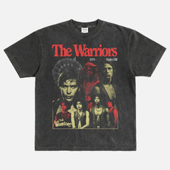 1979 The Warriors movie graphic tee shirt with grunge bootleg design on a washed black heavyweight t-shirt