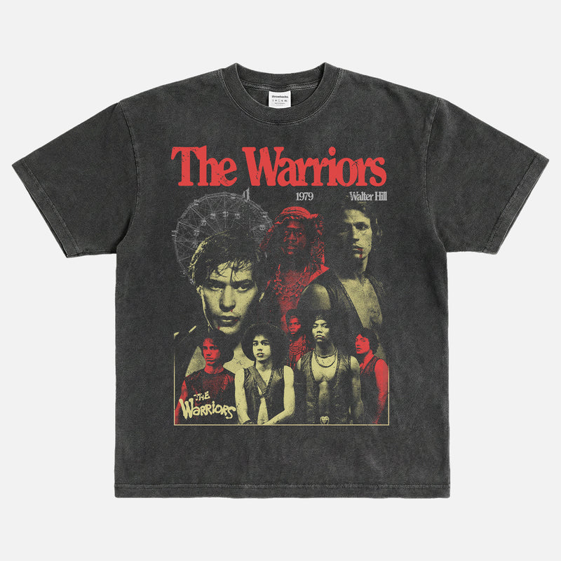1979 The Warriors movie graphic tee shirt with grunge bootleg design on a washed black heavyweight t-shirt