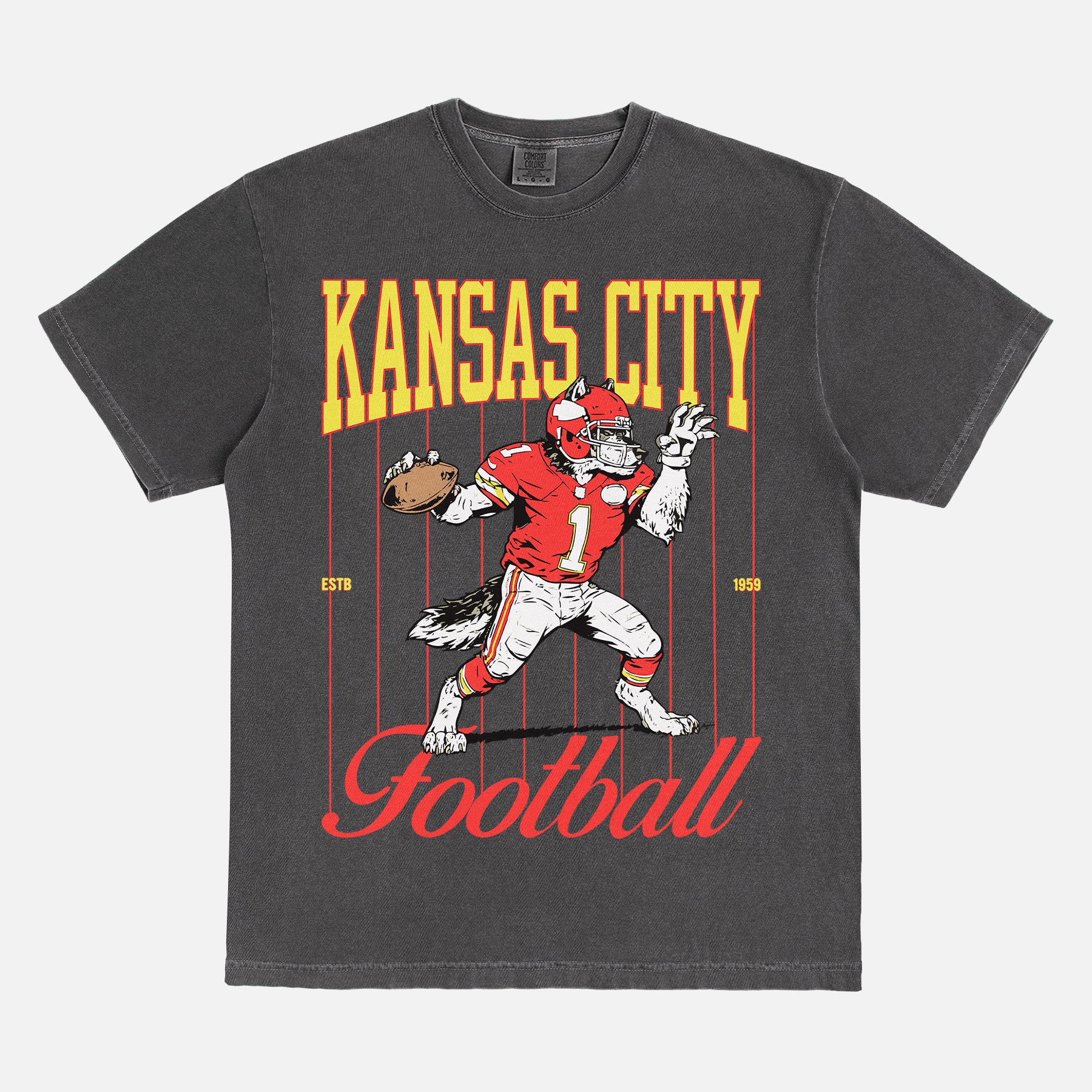 Vintage 80s 90s Kansas City Chiefs washed black comfort colors graphic tee with old school wolf mascot and pinstripes