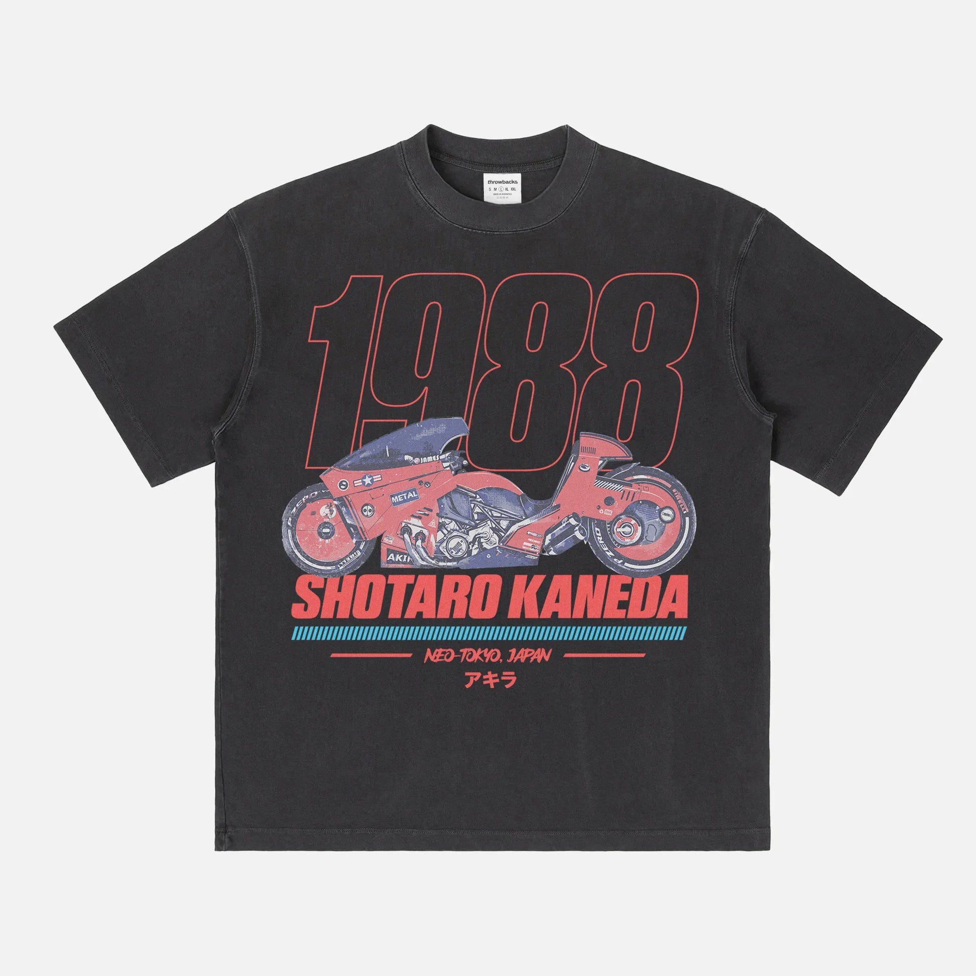 cool faded black and red Akira motorcycle graphic tee shirt, distressed JDM style anime manga movie streetwear t-shirt with red and blue graphic